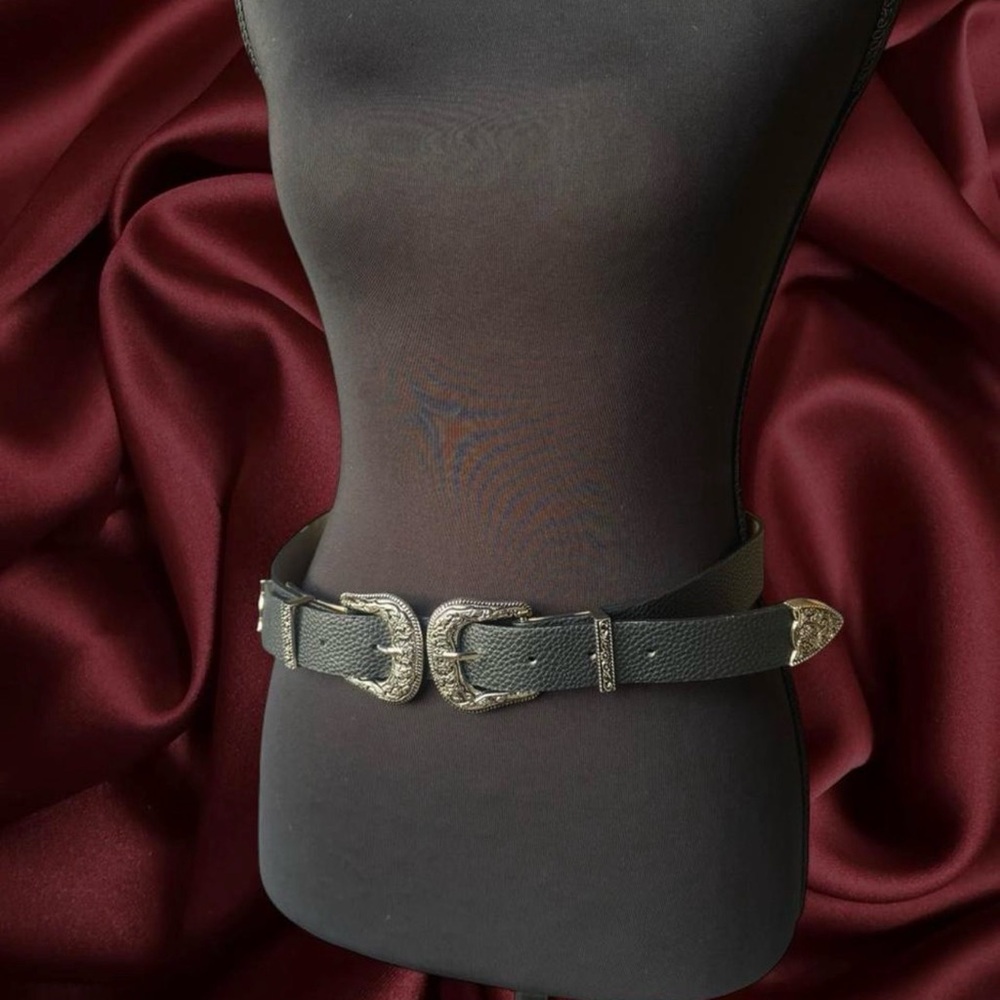 Black Leather Double-Buckle Western Waist Belt with Silver Hardware